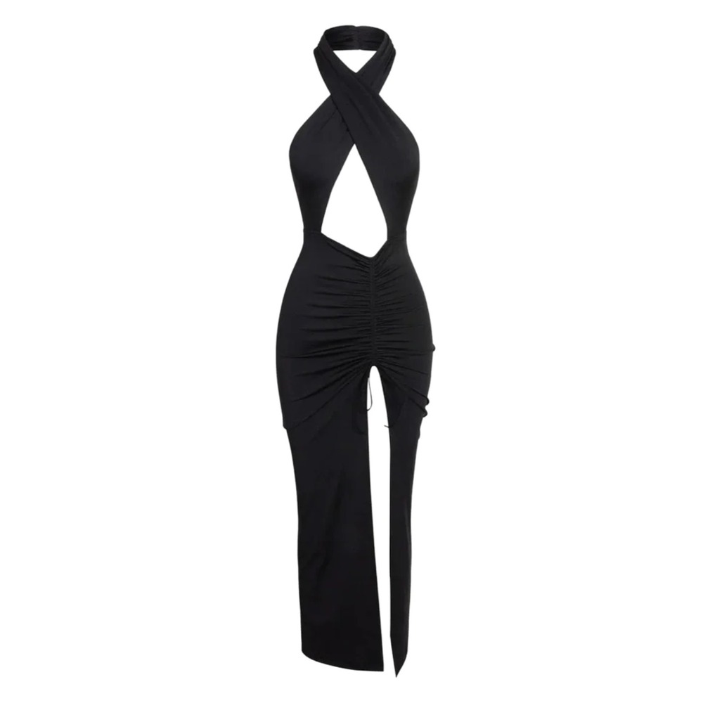 LEAU Dress Womens Medium Black Azores Halter Crossover Cutout Ruched Backless